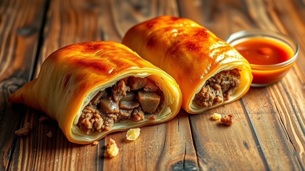 Savory Beef Sausage Roll Recipe A golden beef sausage roll cut in half, showing the juicy filling, on a wooden table with dipping sauce.
